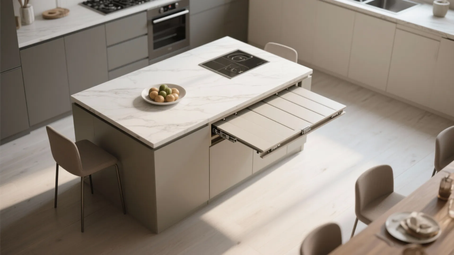 Kitchen island with folding leaf dining extension