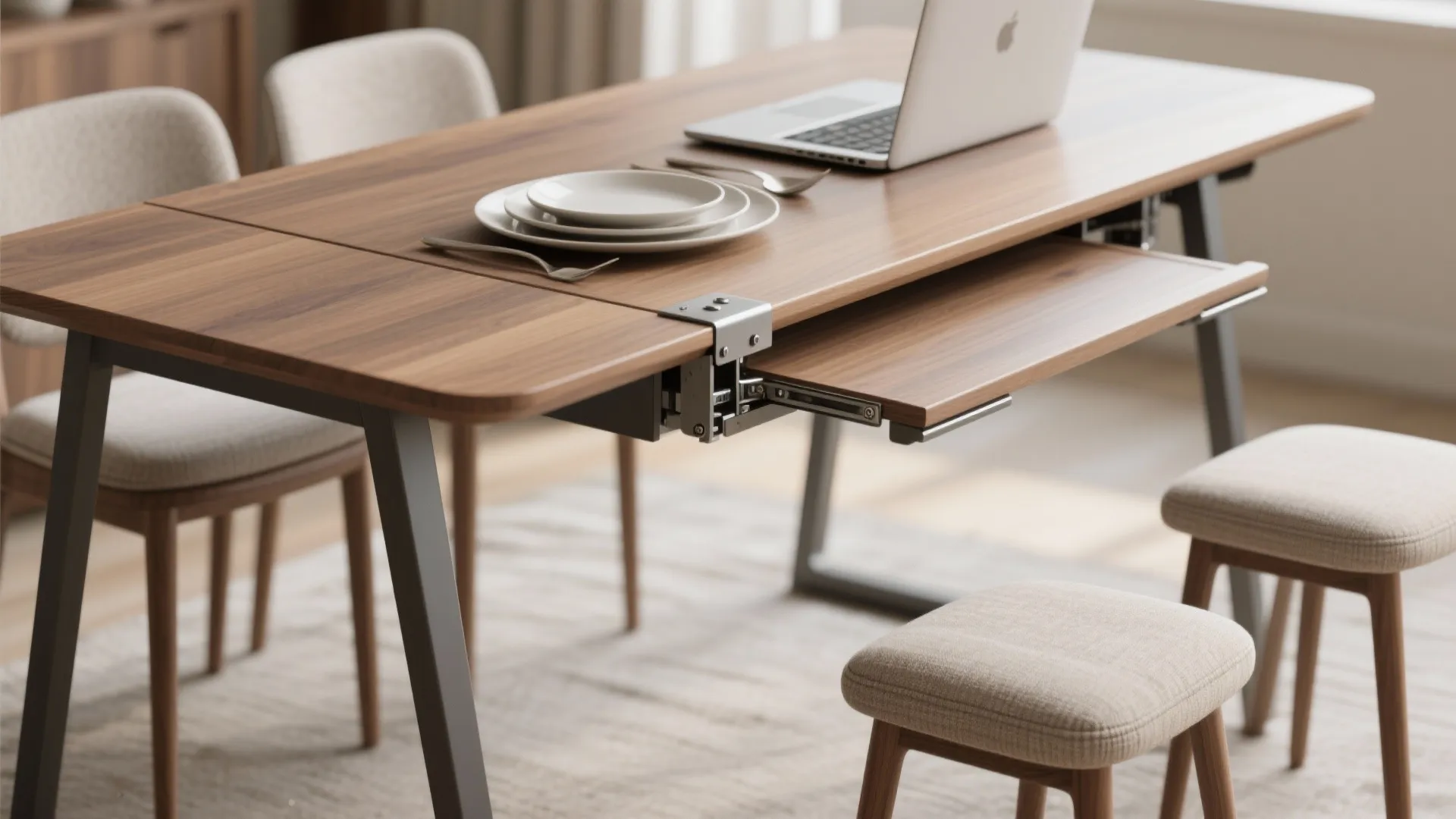 Multifunctional wooden table used as a desk with a laptop and a slide out tray