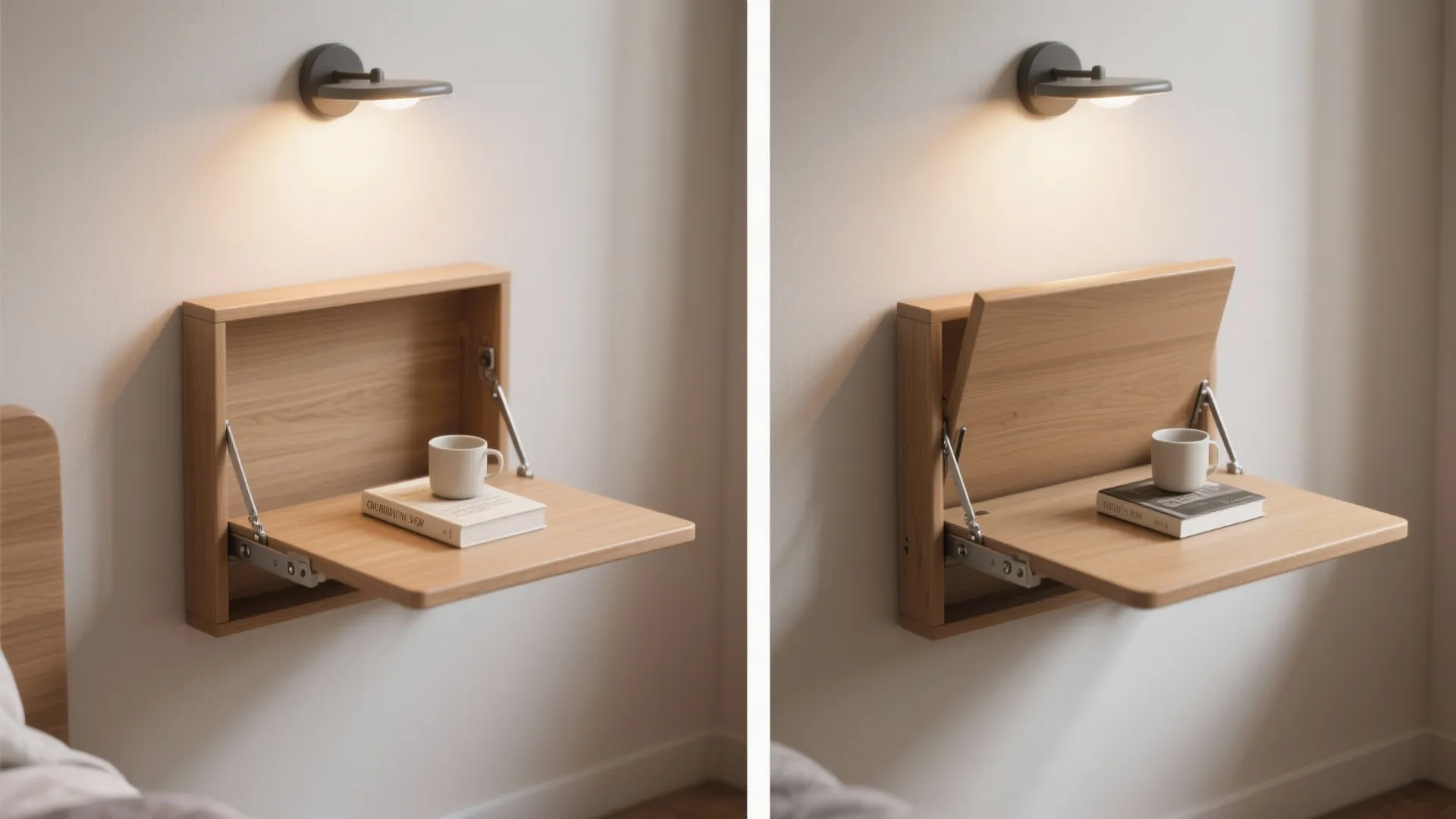 Two images showing a wooden wall mounted folding table with a cup and book on