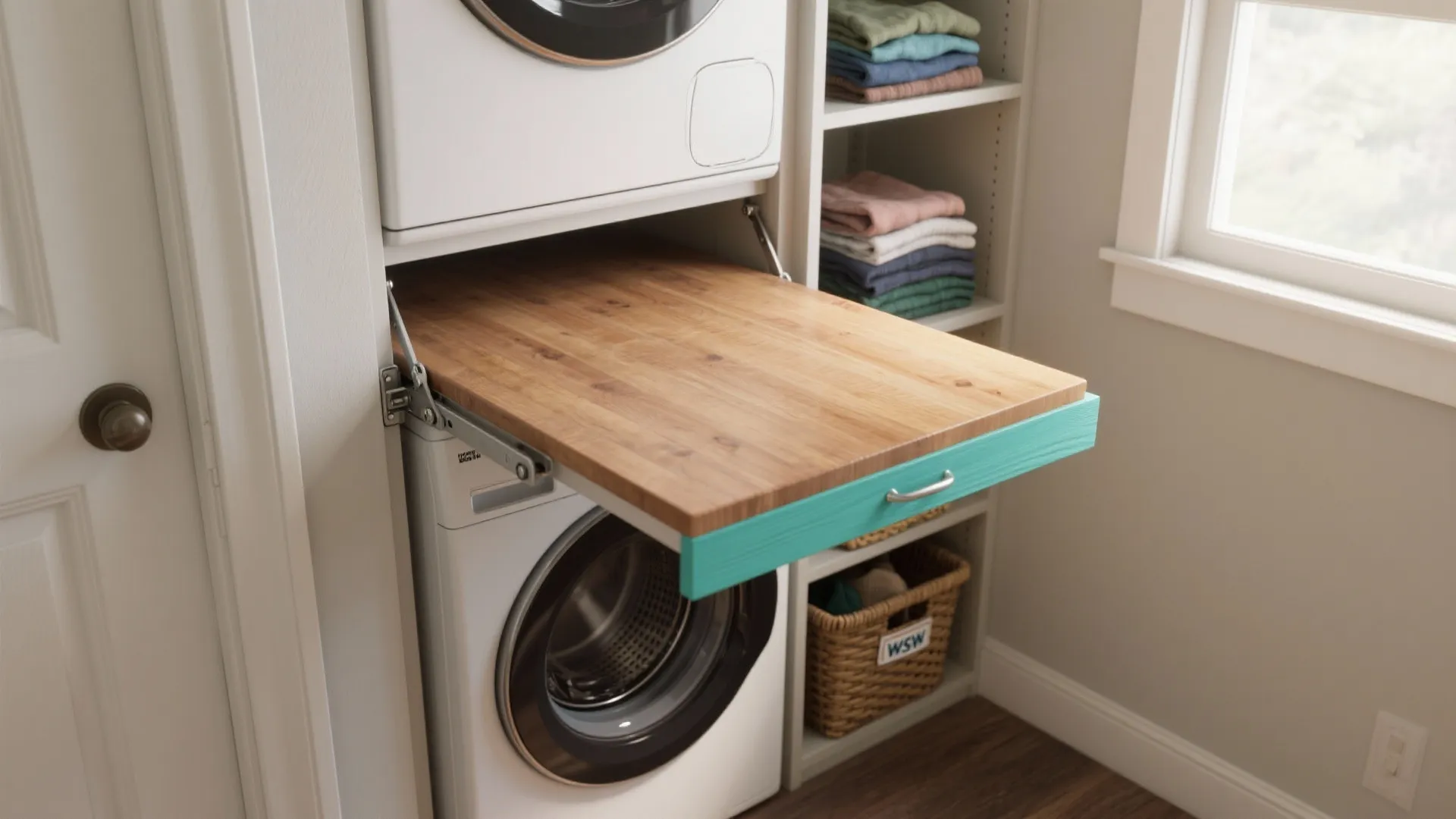 Wooden pull out folding table placed between a stacked washing machine and dryer for laundry