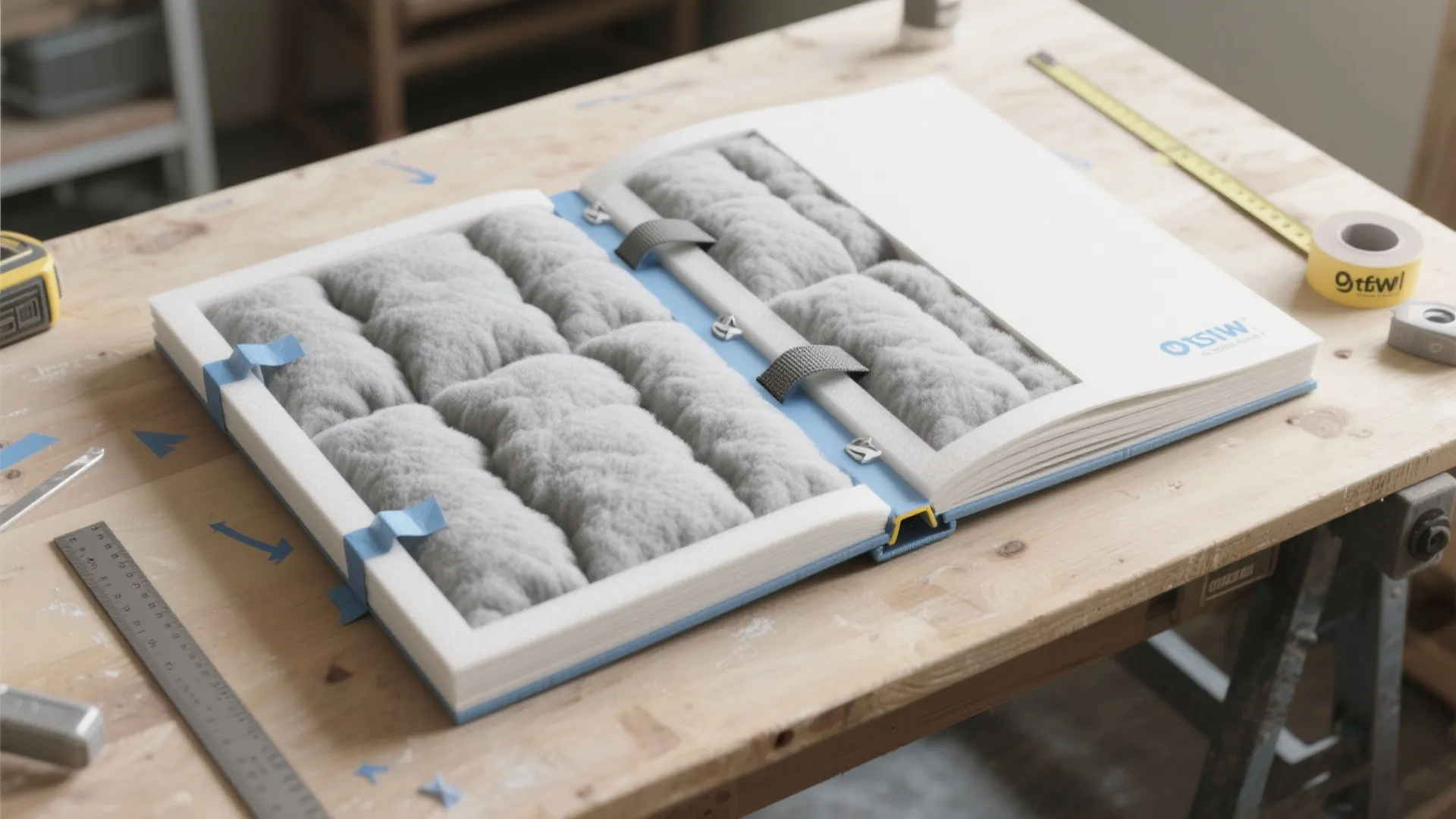 Top-down view of folding foam panels wrapped in batting for a portable quilt design wall board.