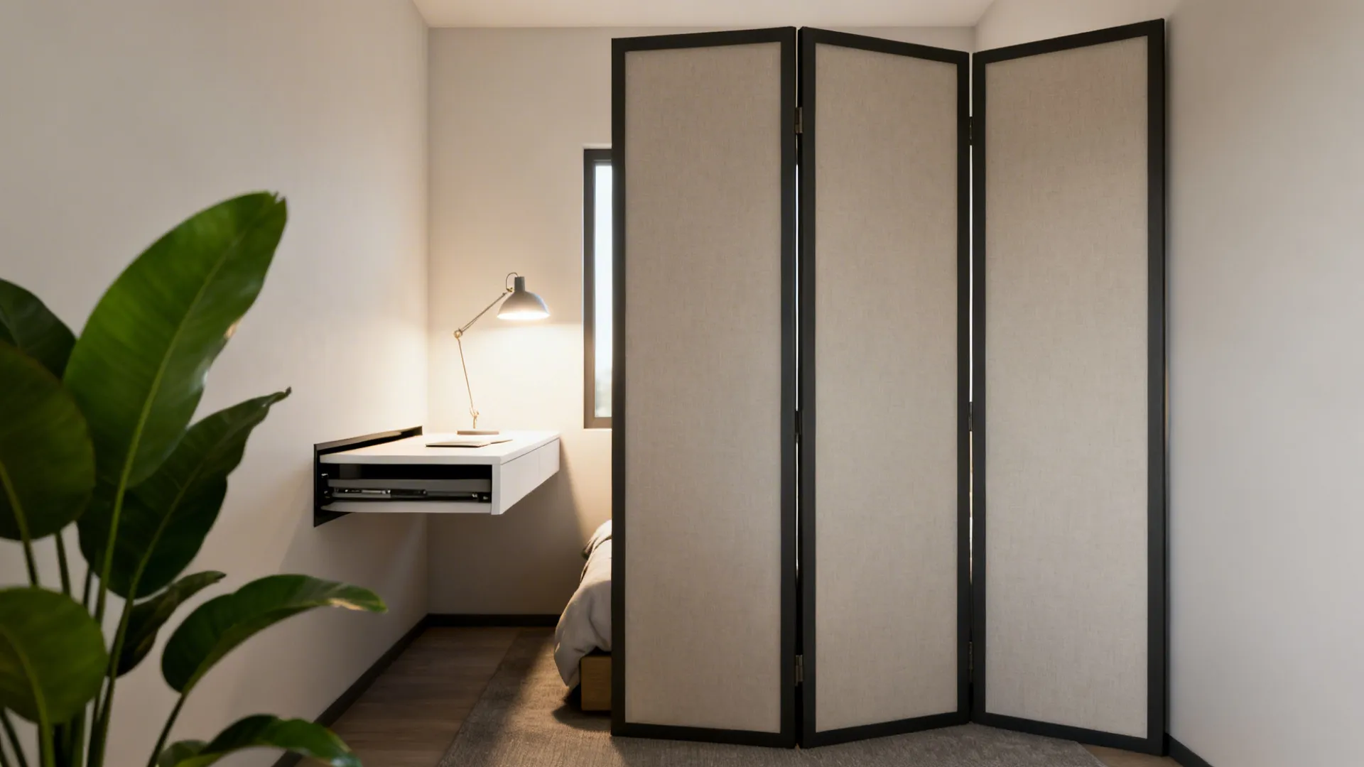 A floating pivot desk tucked into a wall with a foldable partition separating the room's work and sleep areas.