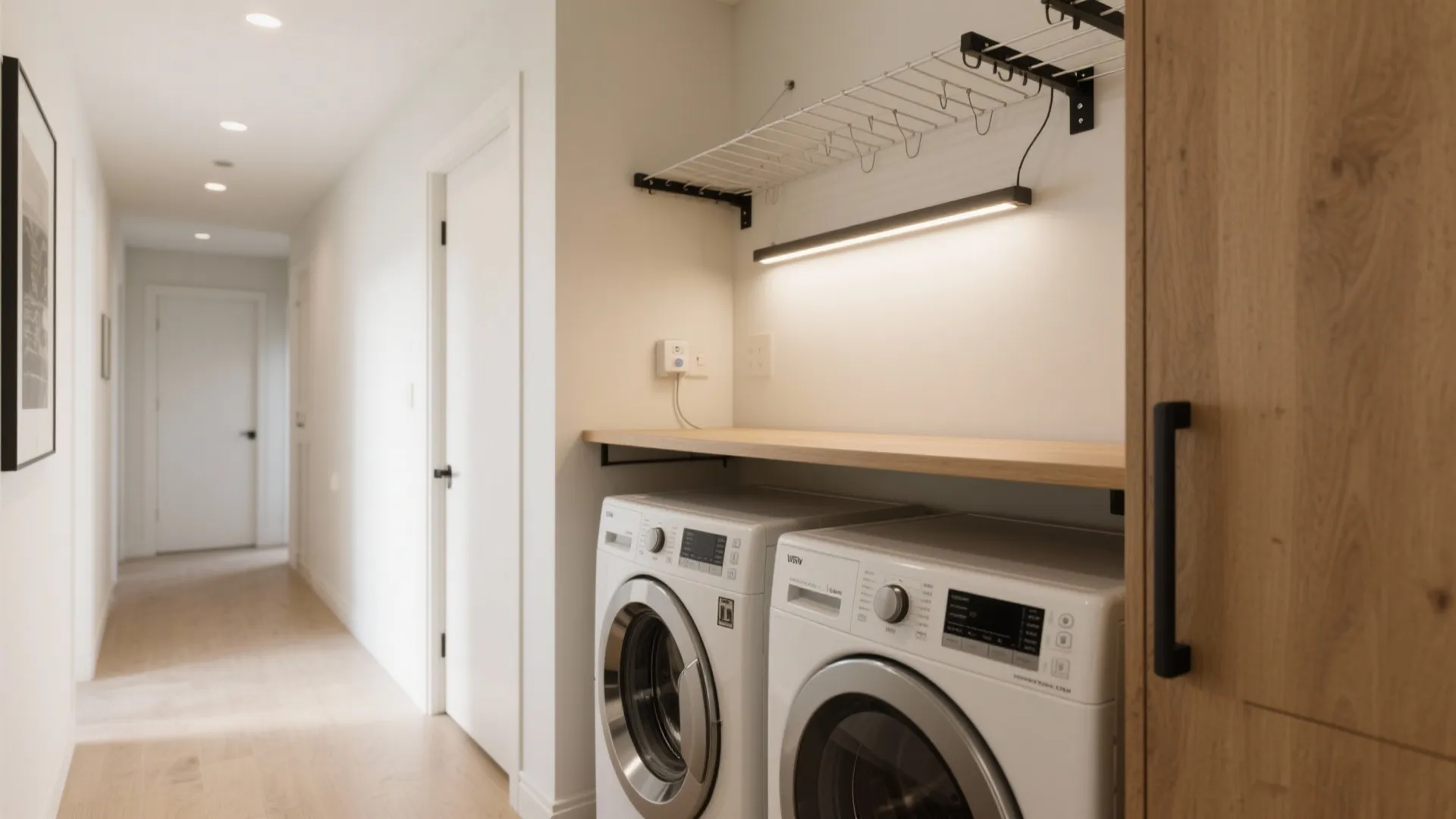 Modern laundry room featuring two white washing machines under a wooden shelf with ceiling light
