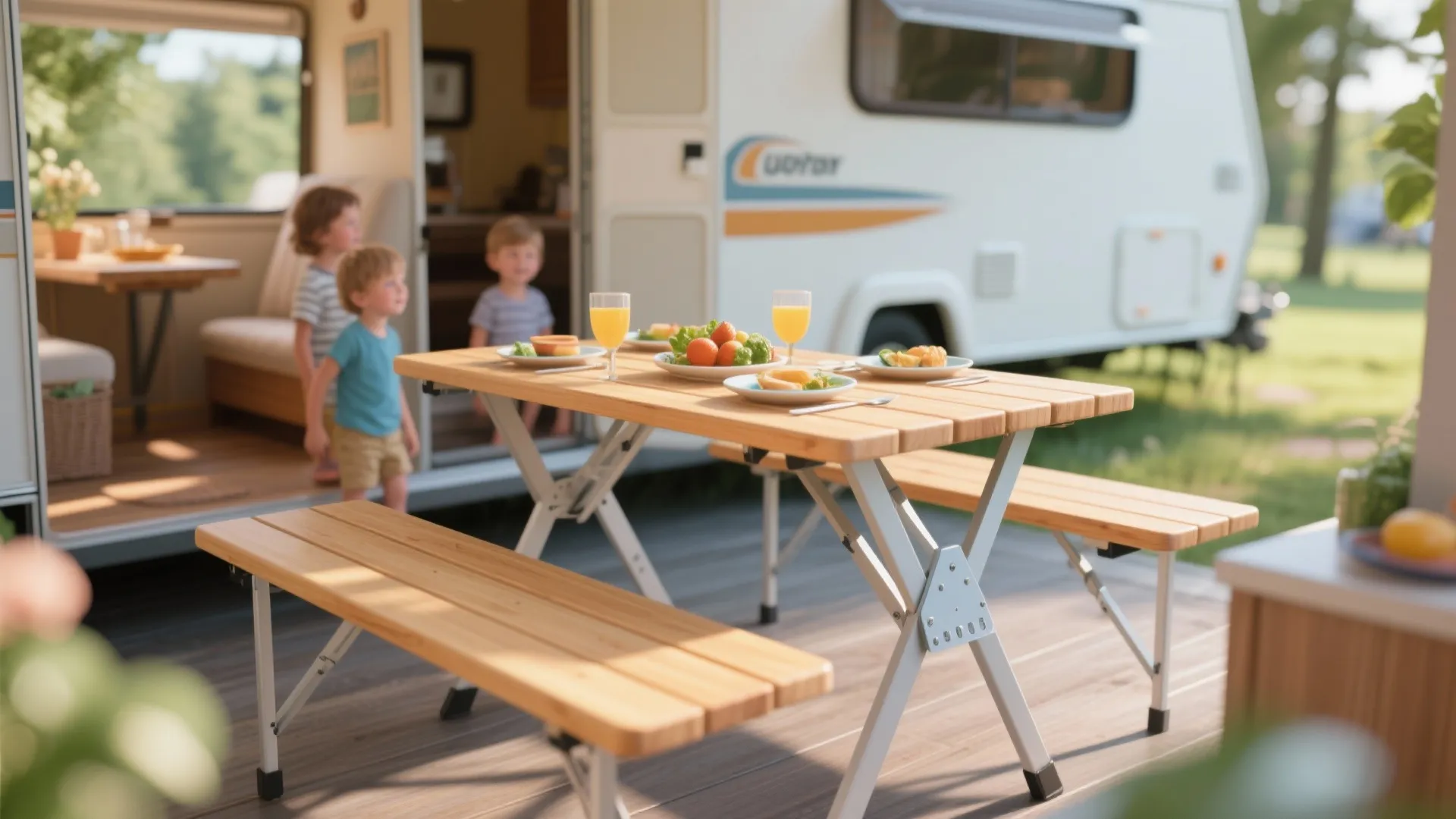 Wooden folding picnic table with benches set outside a white camper van with three children