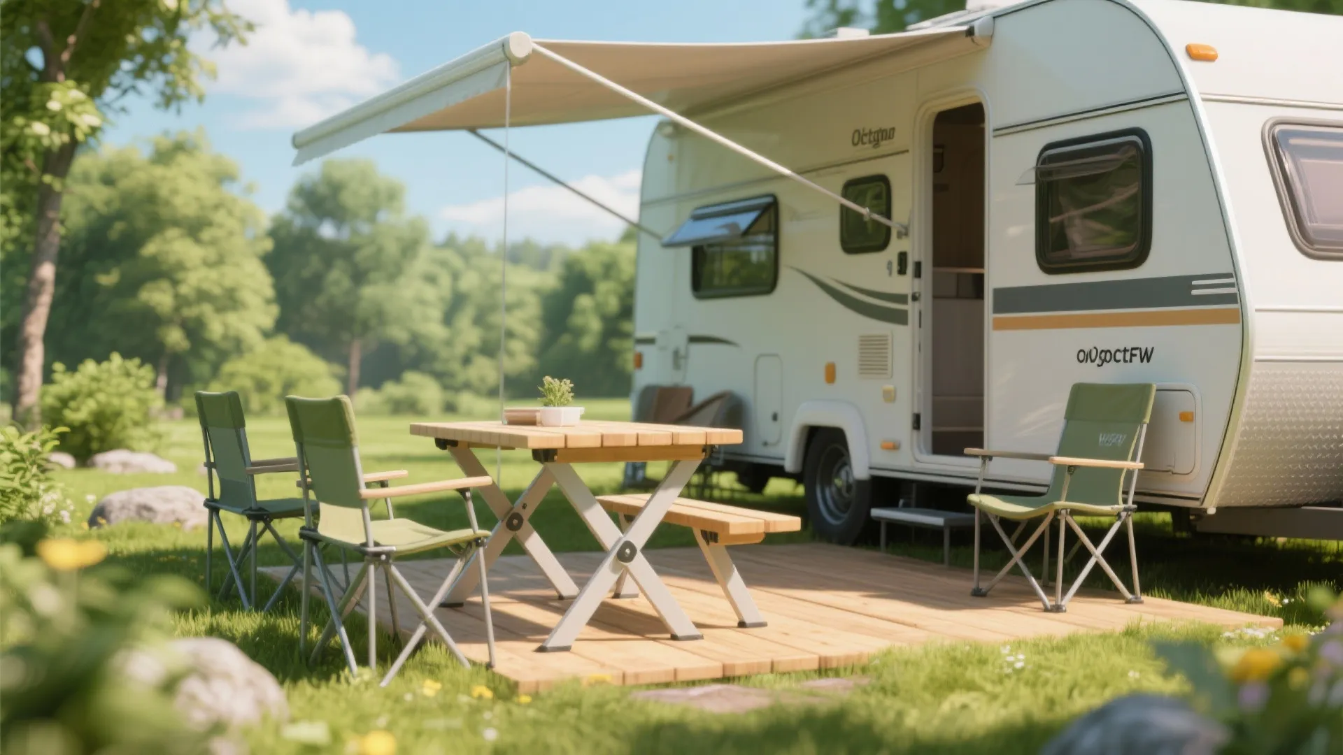 Outdoor camping scene featuring a folding wooden picnic table and green chairs next to a trailer