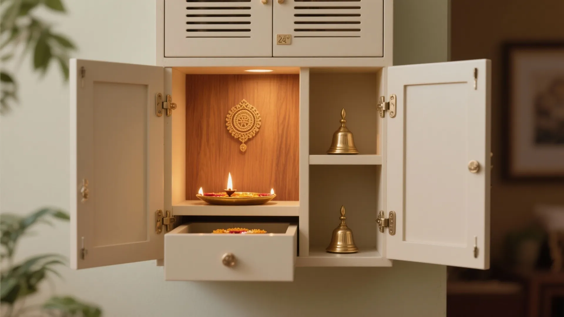 White wall cabinet with open doors showing a lit lamp and two gold colored bells