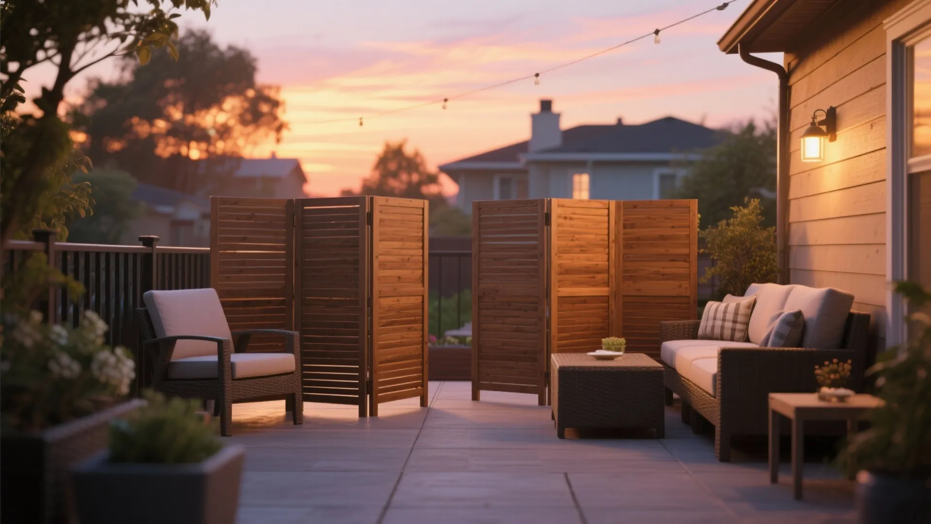 Patio with portable folding wooden privacy screens