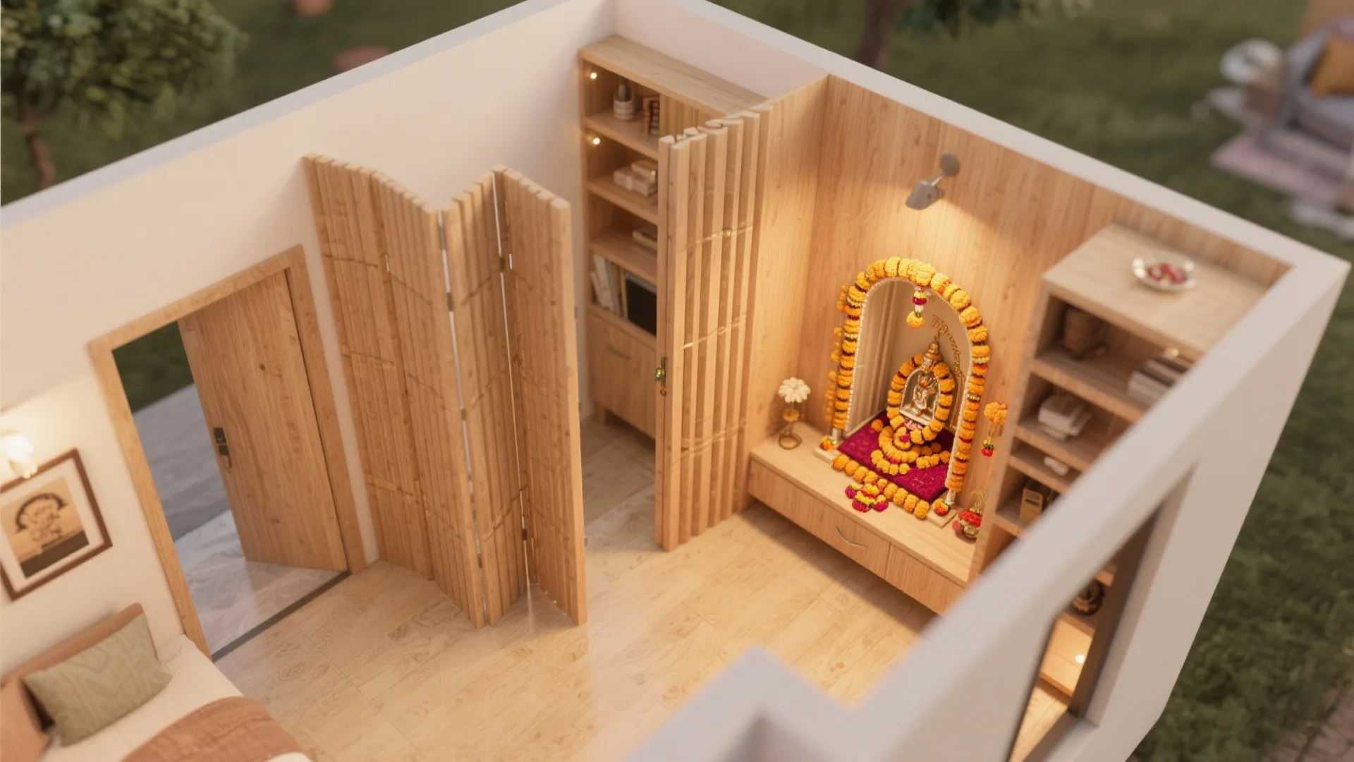Interior design drawing of small prayer room with wooden folding screen and flower garland decorations