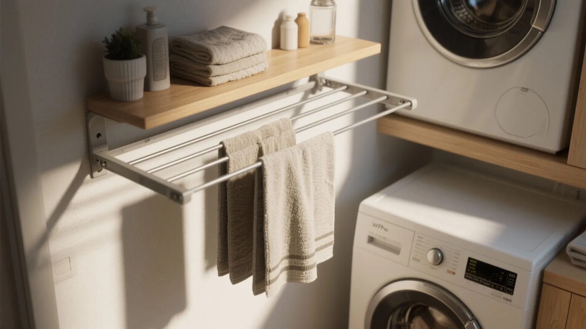 3. Wall-Mounted Folding Shelf & Drying Rail