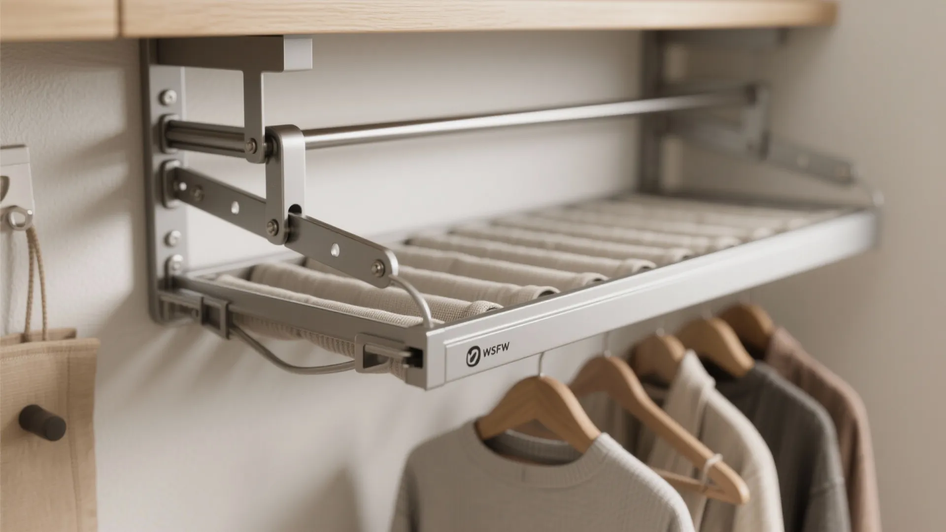 Metal pull down closet rack system for hanging clothes inside a wardrobe with wooden shelf