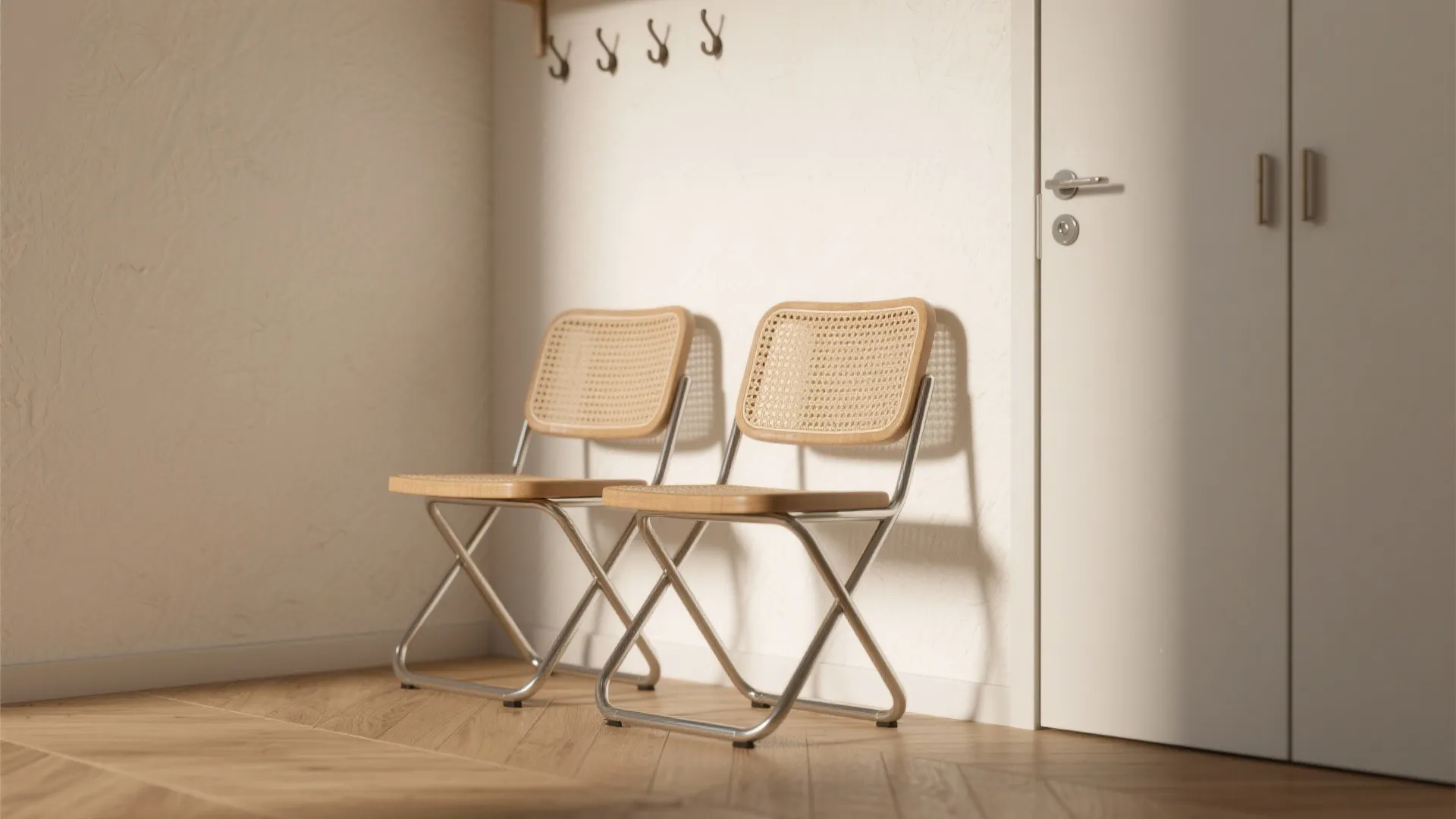 Two folding chairs with rattan seats and metal frames standing against a plain white wall
