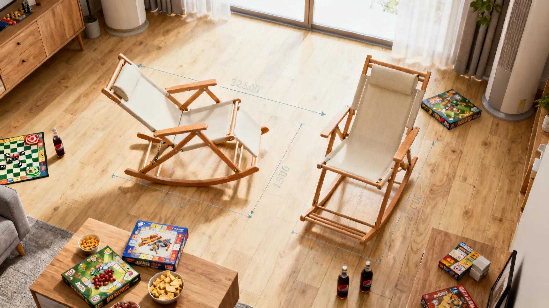 Top-down view of folding rocking chair folded and unfolded showing clearance in a small living area
