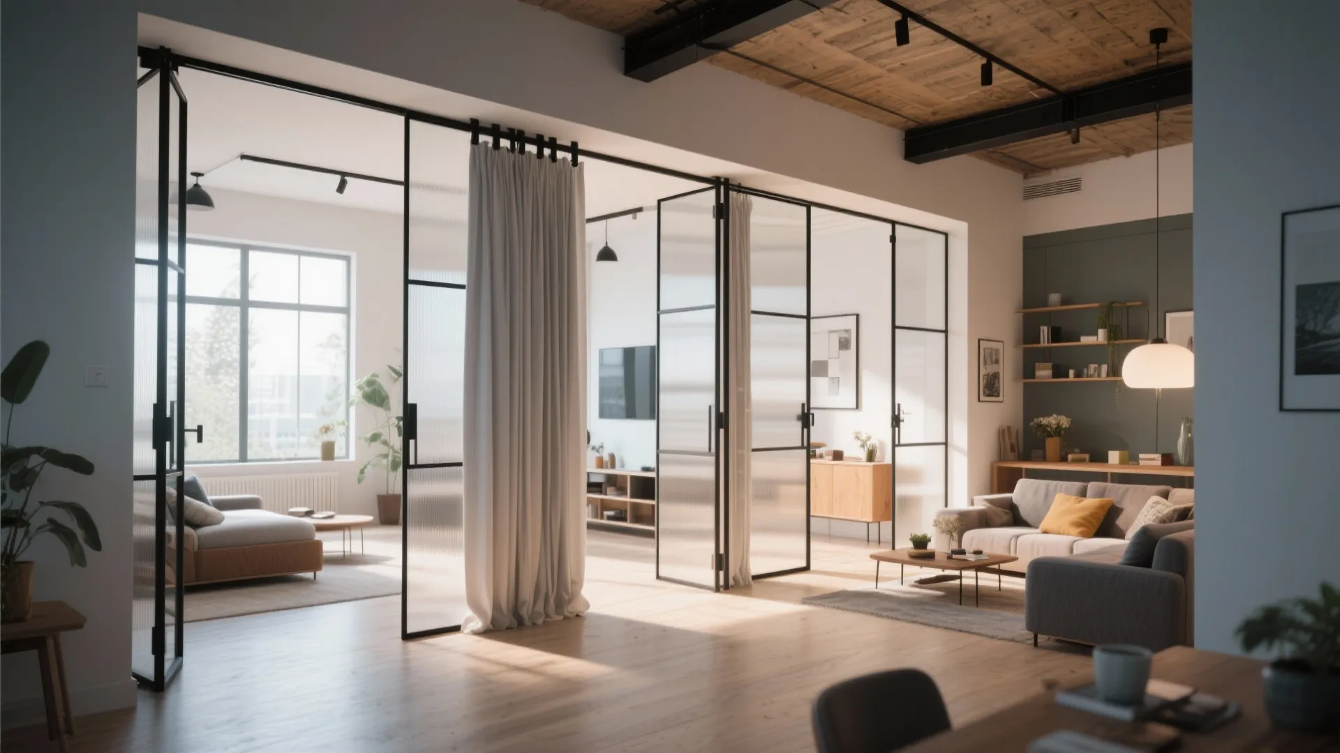 Spacious living area divided by large glass folding doors with black frames and white curtains