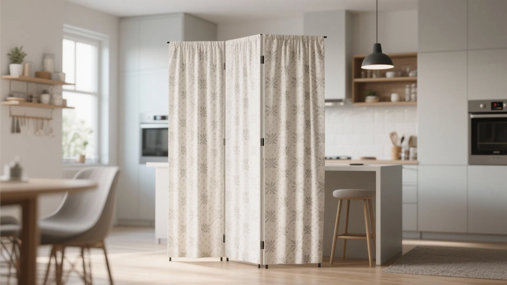 Fabric folding screen with floral pattern used as a divider in a modern white kitchen
