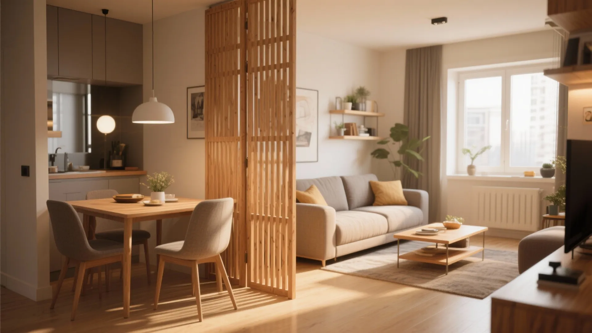 Wooden folding screen separating living and dining zones