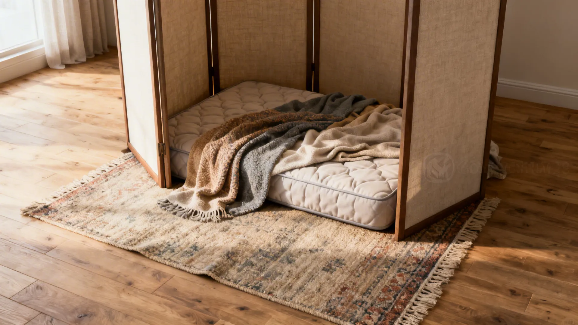 Comfortable mattress on a rug surrounded by a folding screen on a bright wood floor