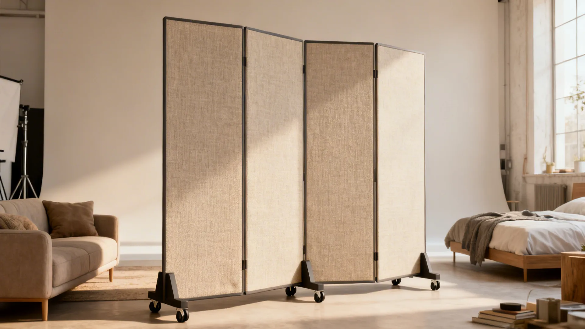 Portable folding screen on casters dividing a small studio, shown in a casual rental layout.