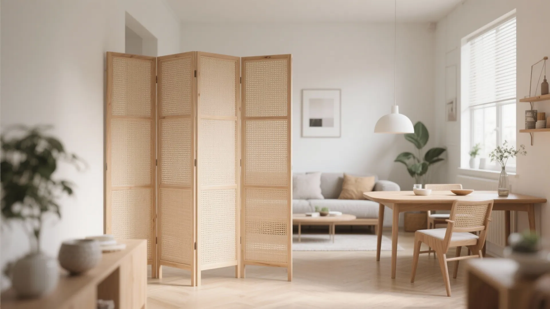 Stylish folding screen divider in small living dining room