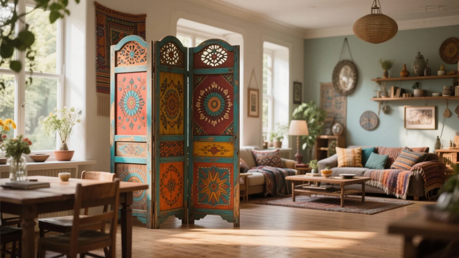 Colorful folding room divider with patterns in a bohemian living room with sofa and floor