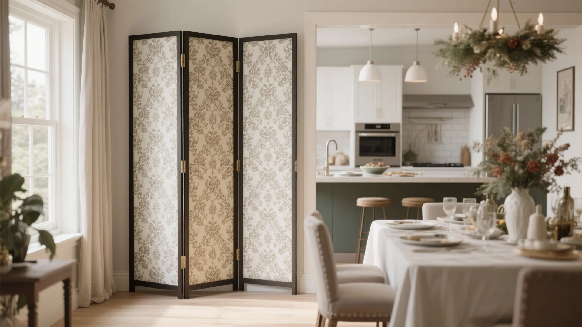 Folding screen with floral patterns stands between a bright dining area and a modern kitchen