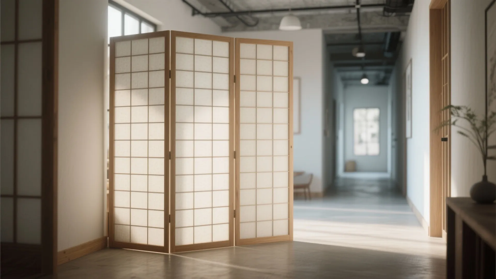 Japanese style folding screen made of wood and paper used as partition in bright hallway