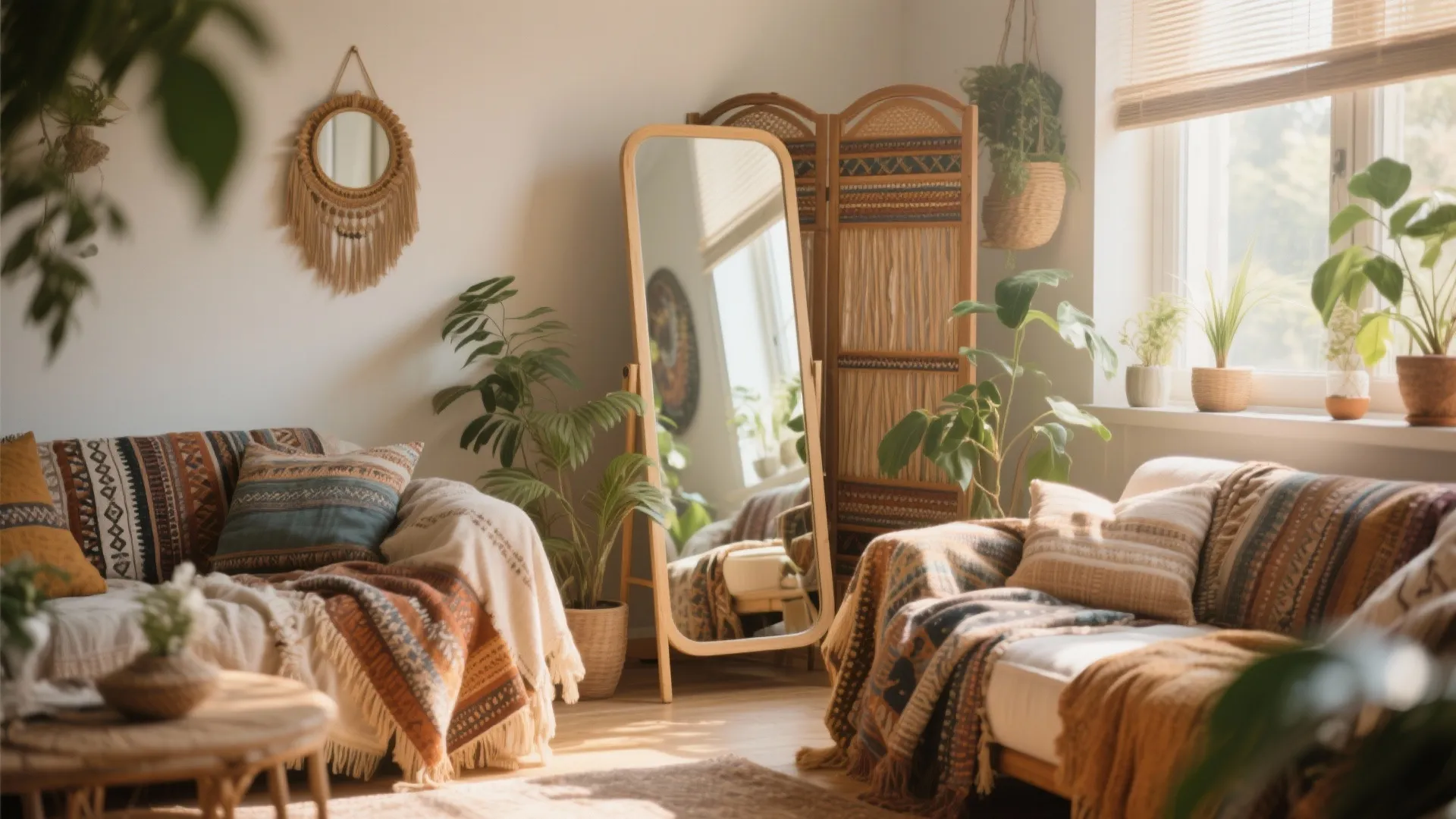 Bohemian living room with a folding mirrored screen