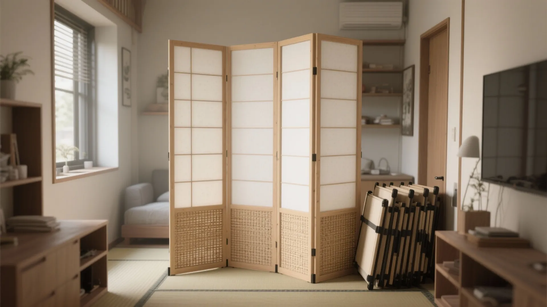 Wooden folding room divider standing in bright living room with woven mats and soft light