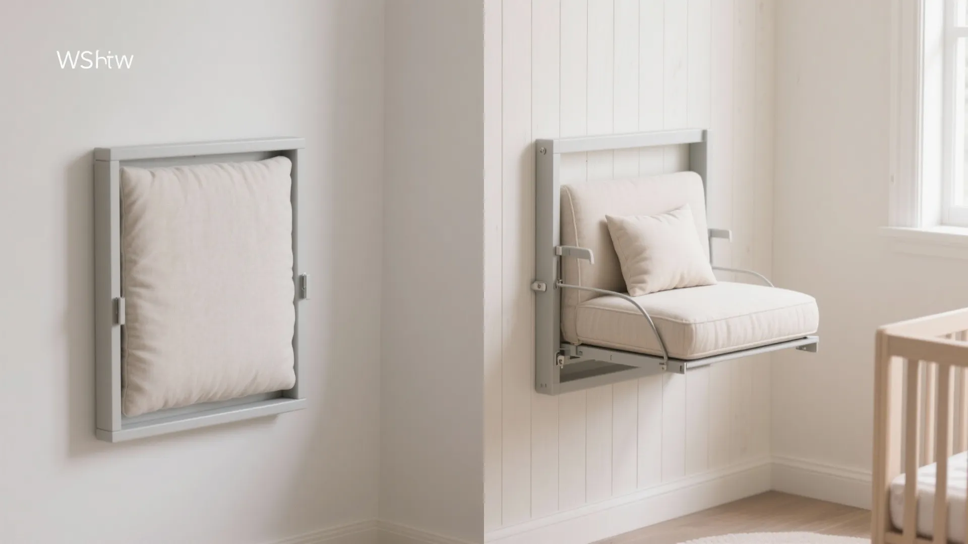 Wall mounted folding chair shown in closed and open positions with soft white seat cushions