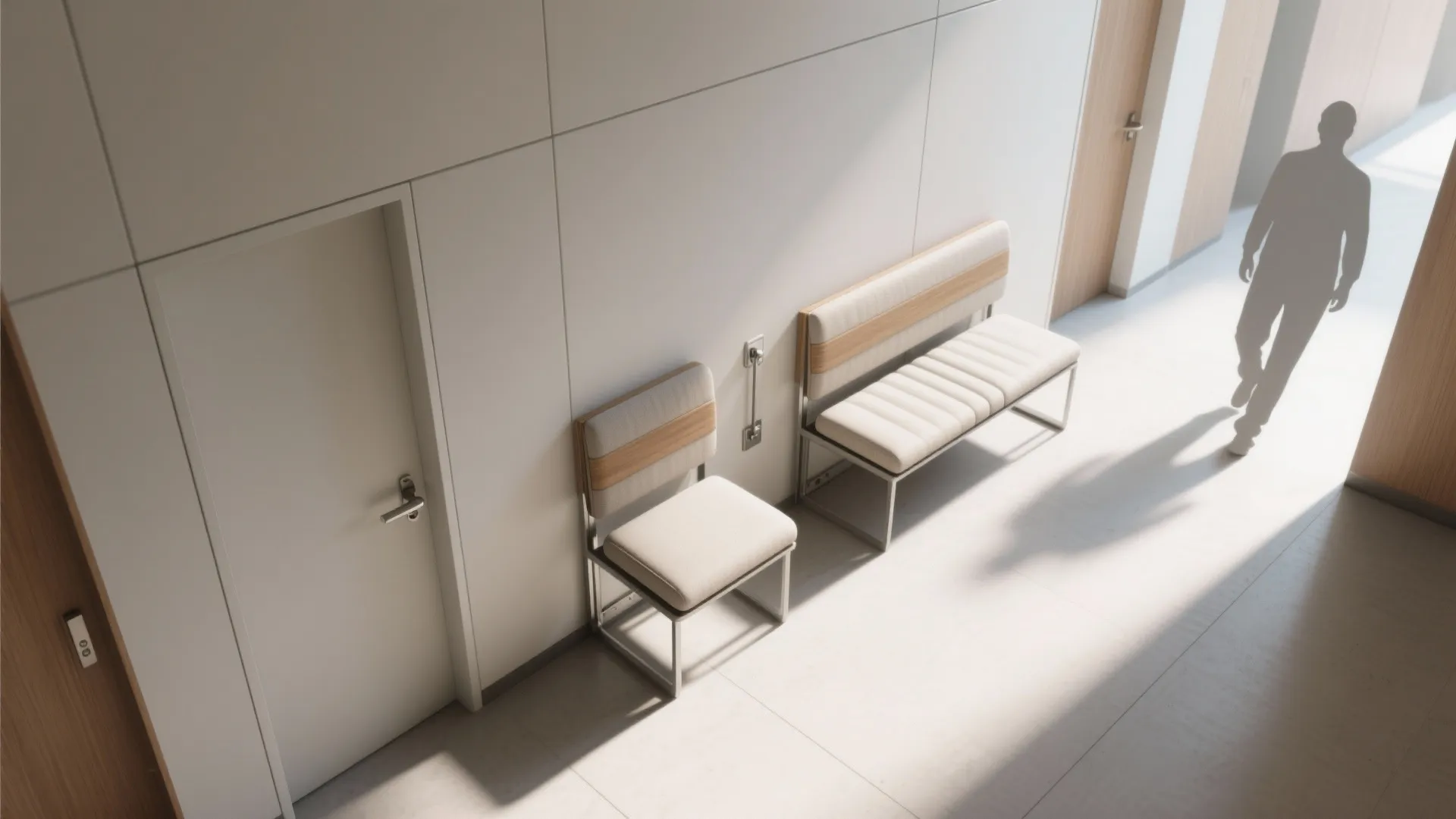 Interior design drawing of a white hallway with minimalist chairs a wooden door and person