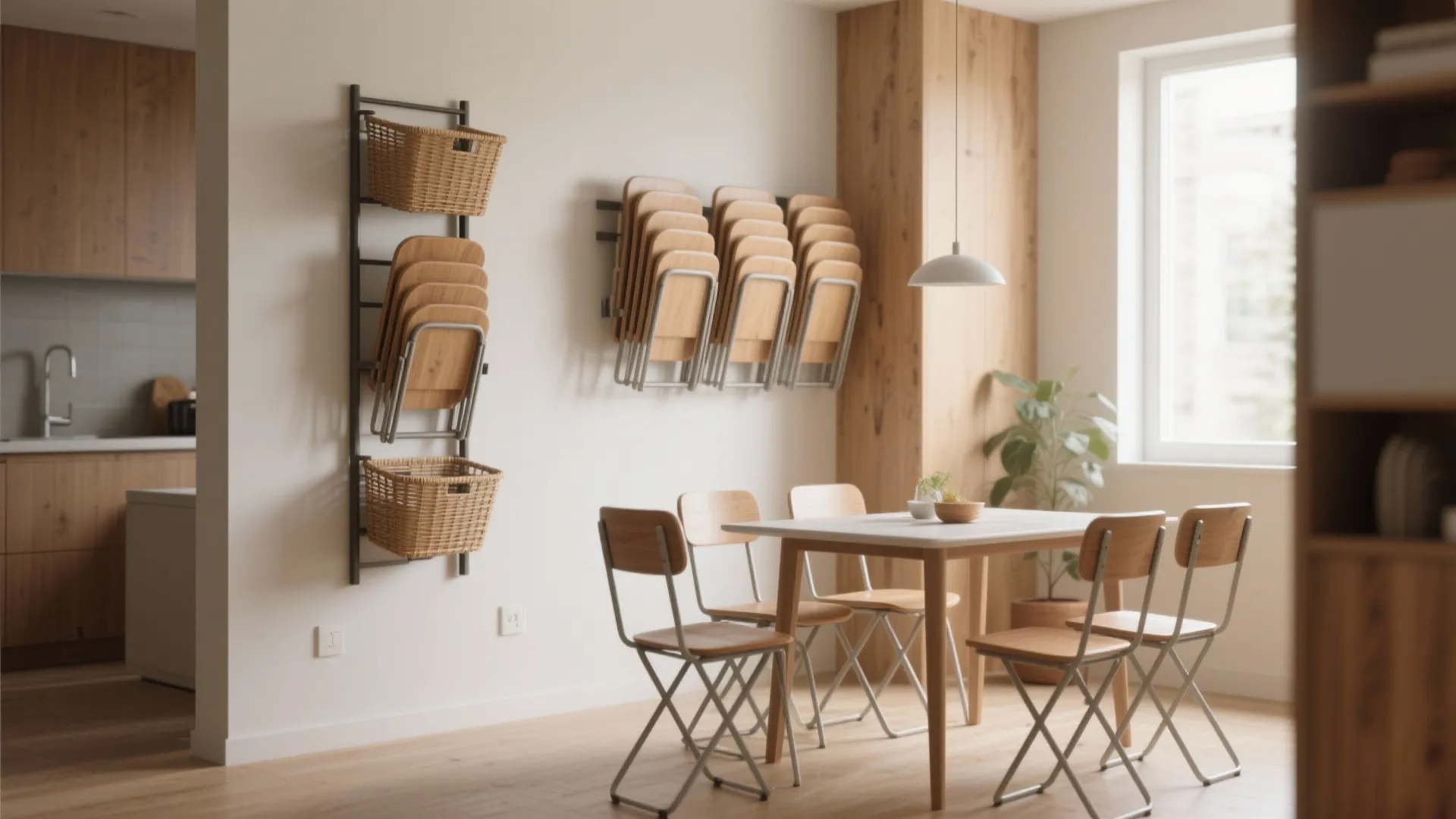 Modern small dining area with wooden folding chairs hanging on wall to save floor space