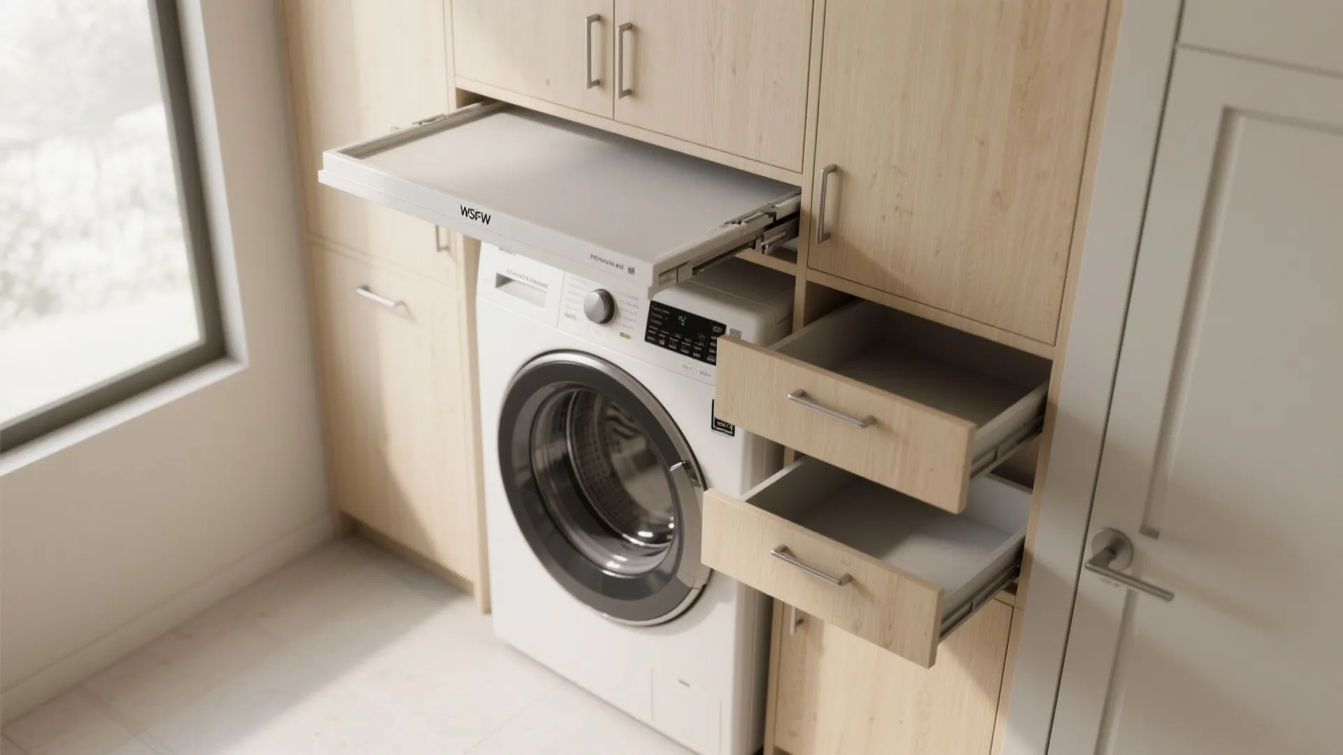 3. Wall cabinets above machines + folding shelf