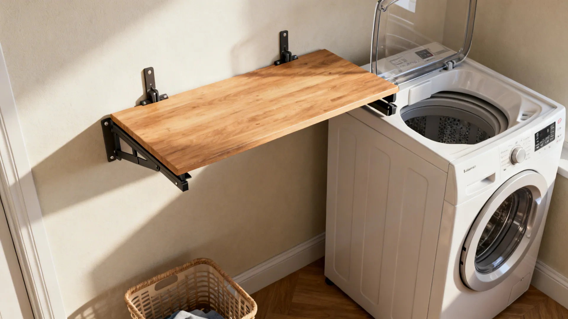 Hinged folding shelf used as a temporary counter beside a top-load washer for folding clothes.