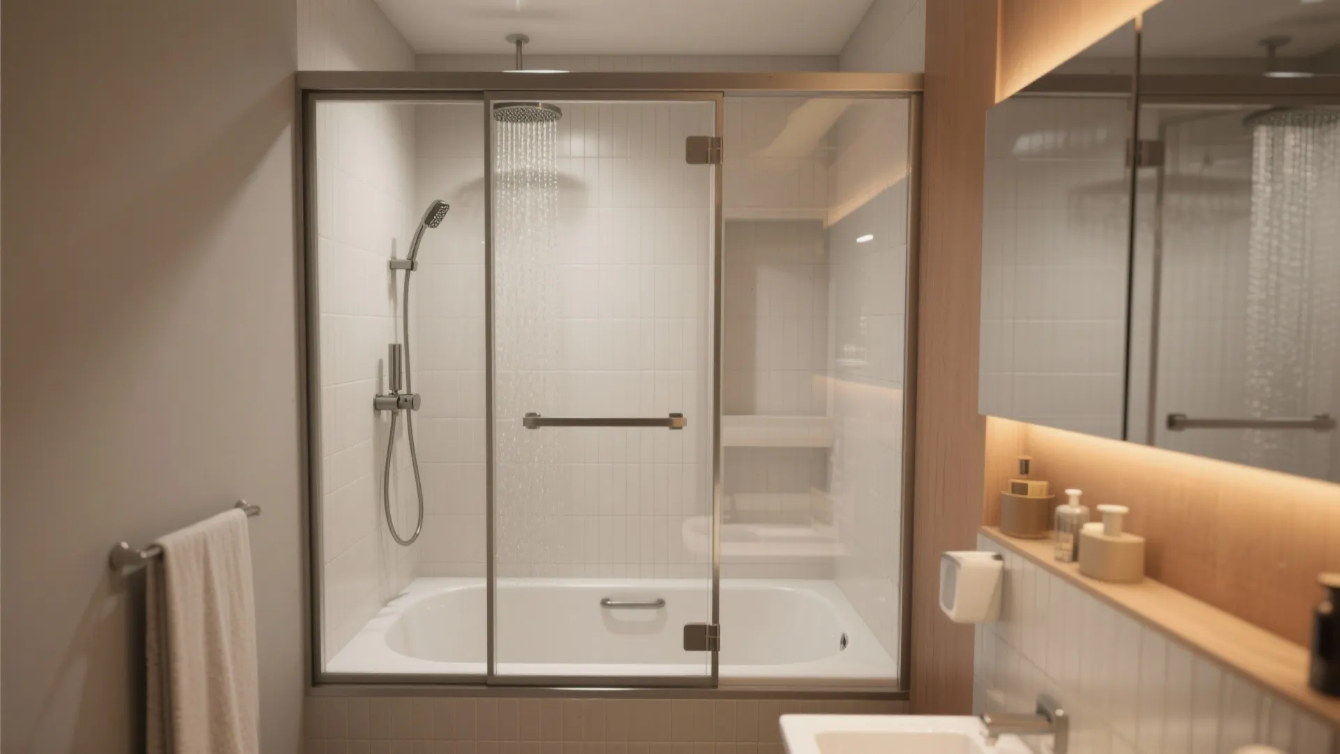 Modern bathroom featuring white bathtub and glass shower door with wood wall and warm lighting