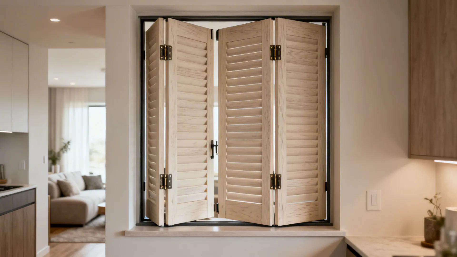 Pass-through opening with bi-fold shutter partially open showing flexible separation.