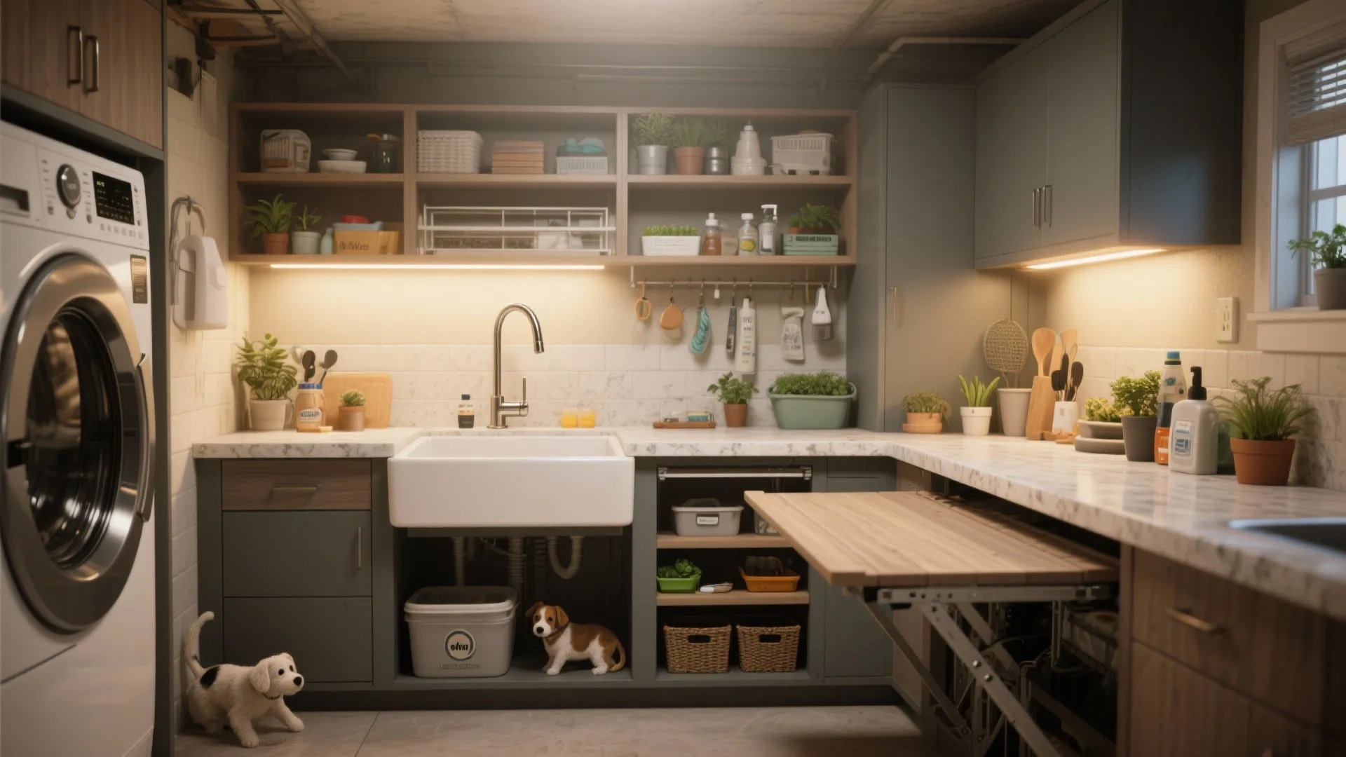Modern laundry room with white washer green cabinets marble countertop and a wooden folding table