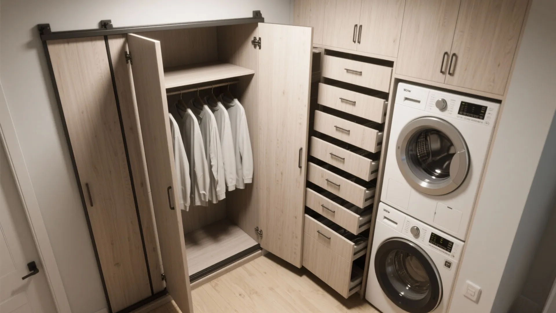 Wood laundry room cabinet with open drawers next to a white stacked washer and dryer