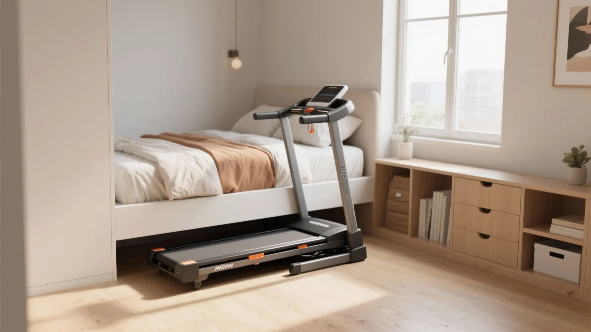 Slim folding treadmill folded upright under a bed in a compact bedroom with light wood floors.