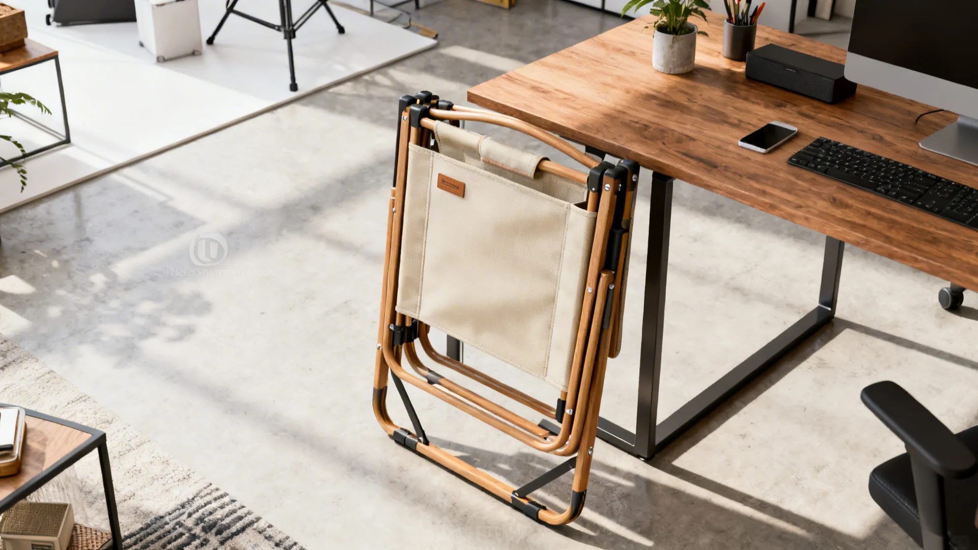 Top-down view of a folded sling chair stored in a multifunctional studio layout.