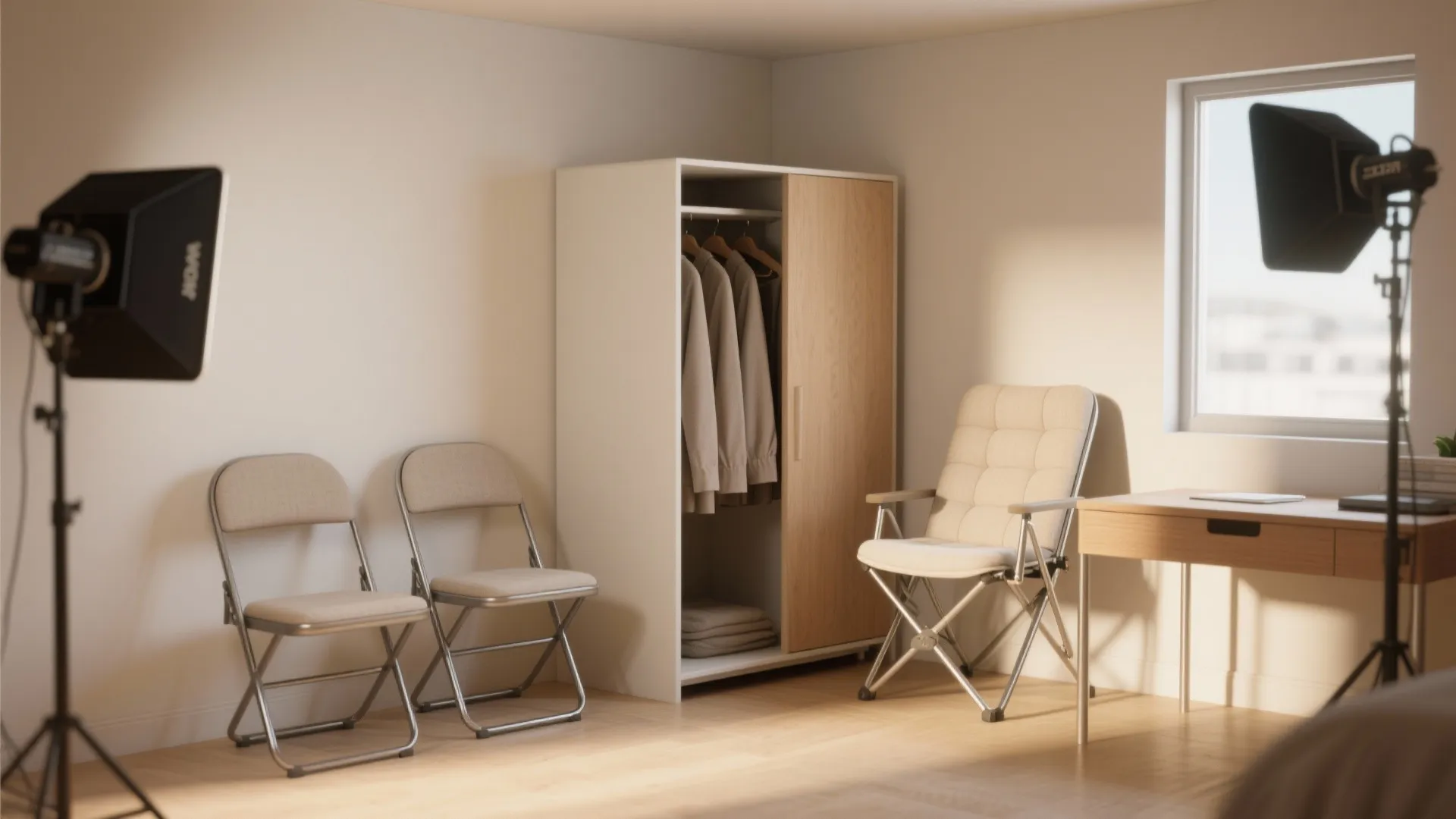 Modern bright room with white cabinet two folding chairs one padded chair and studio lighting equipment