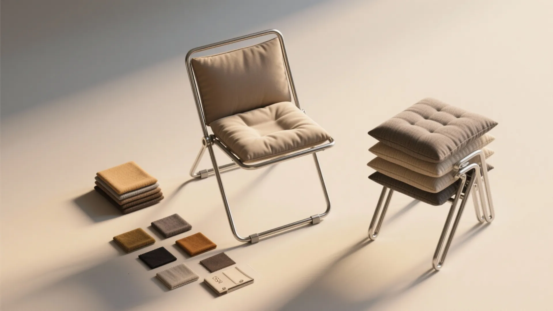 Metal folding chair with beige cushions next to stacked seats and various colorful fabric swatches