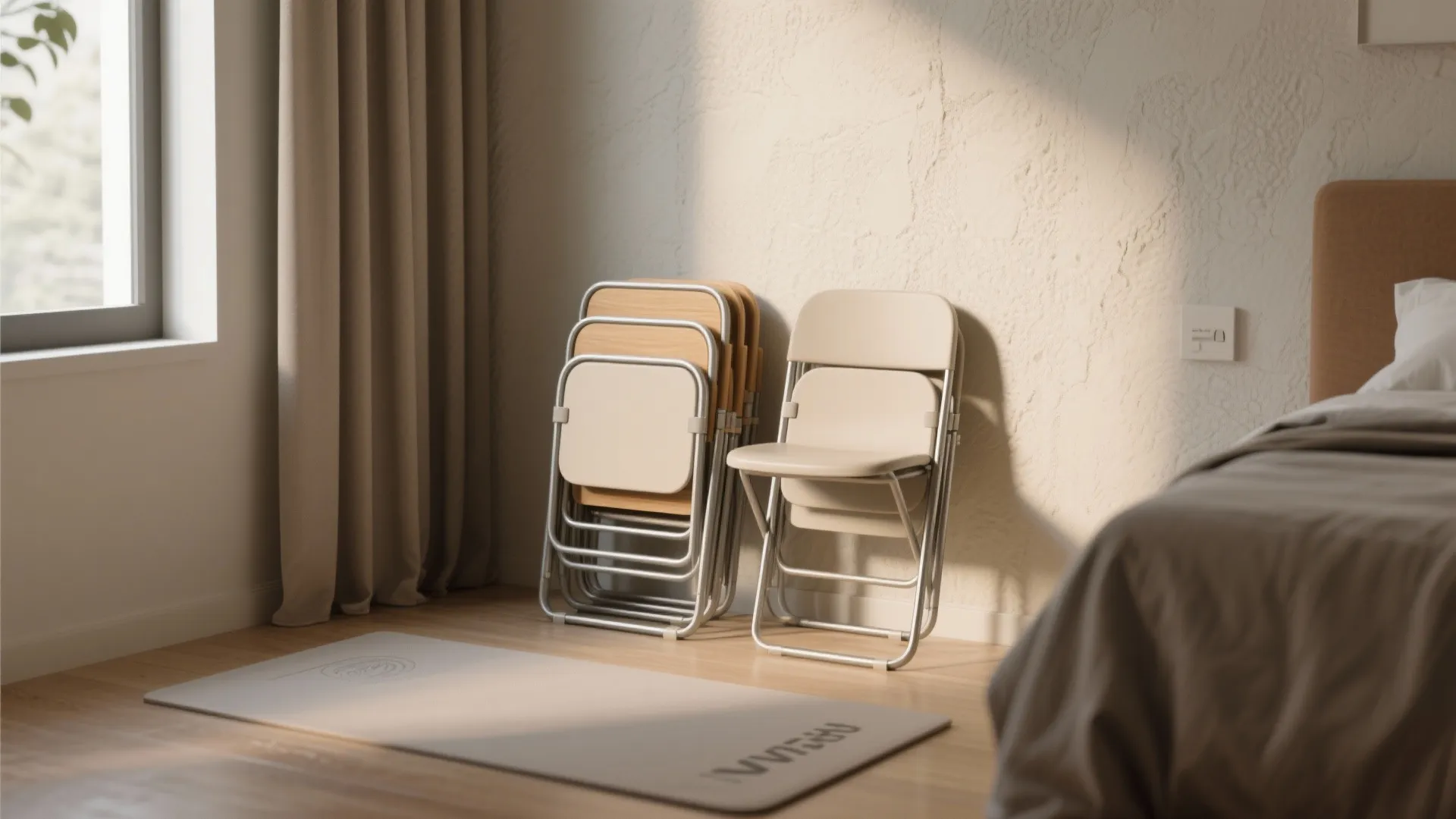 Modern folding chairs stacked against a textured wall in a bright room with sunlight beams