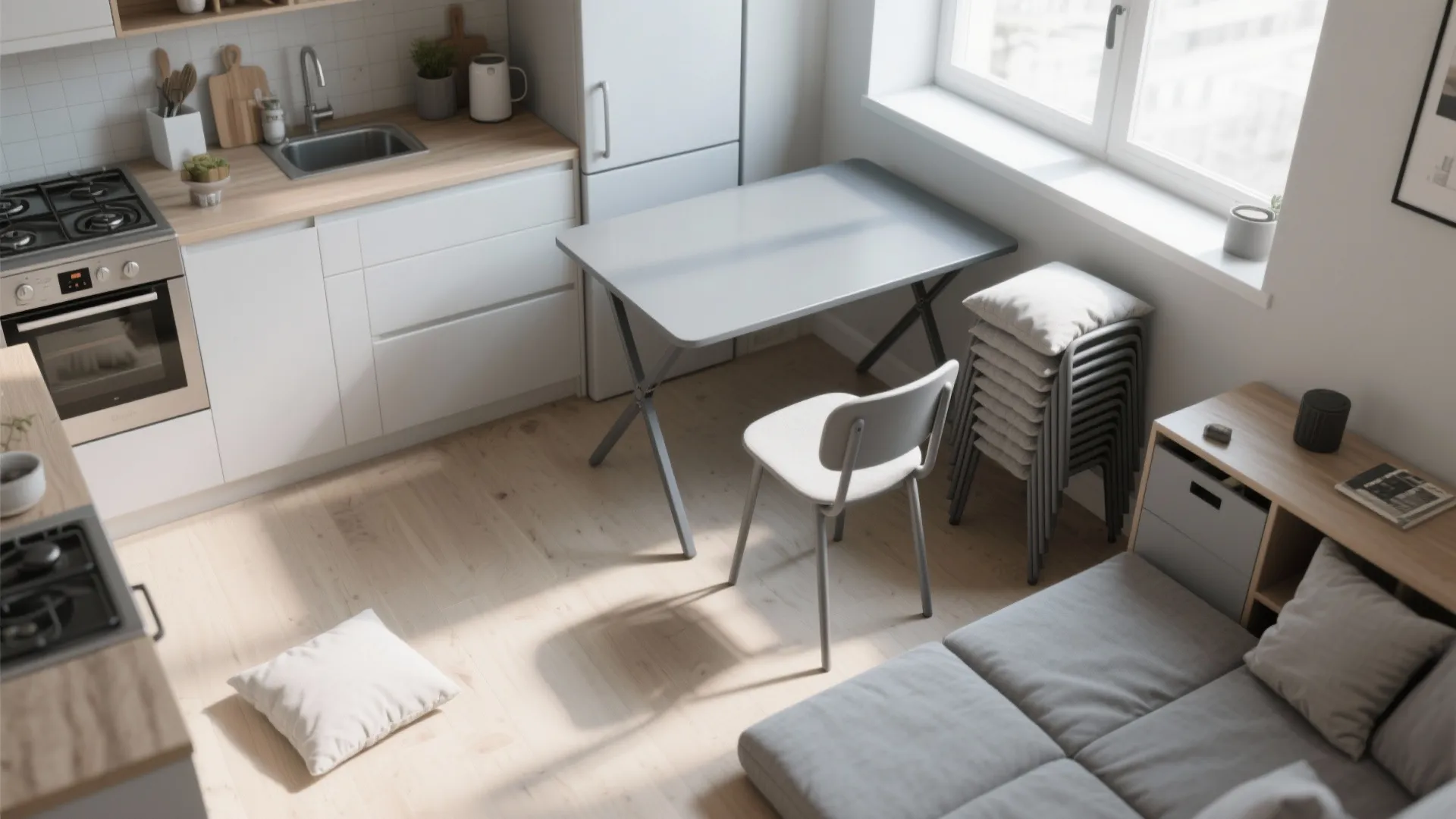 4. Gray folding table and stackable chairs for multi-use space