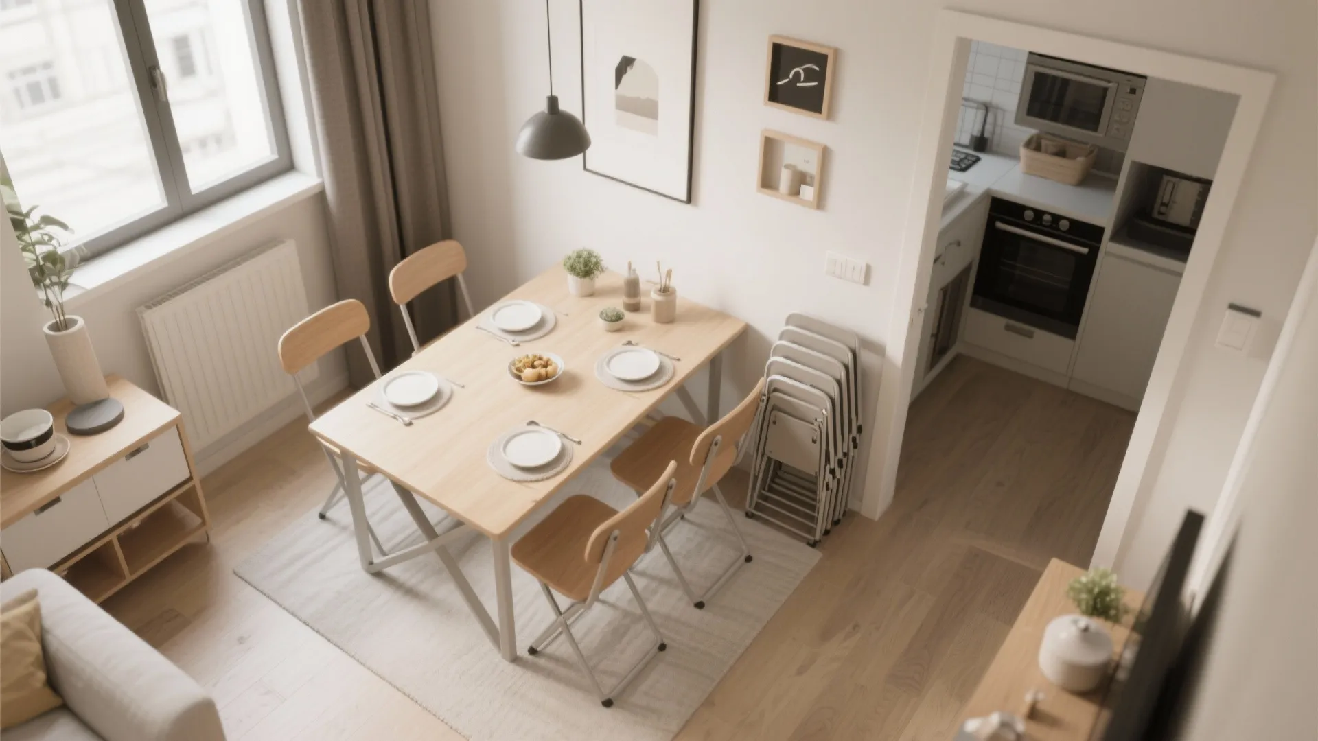 Dining table with wooden chairs and stacked extra chairs for space saving in small apartment