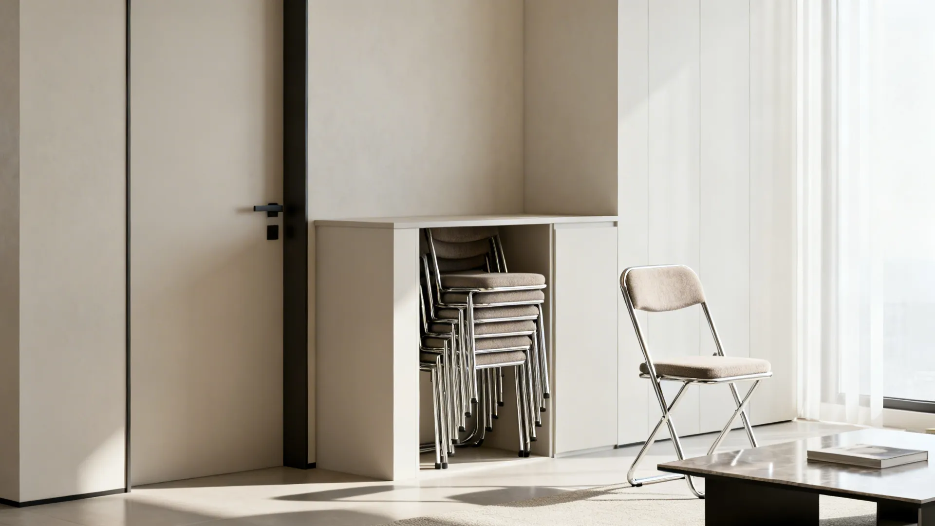 Minimalist room showing metal folding chairs stacked neatly inside a small white storage cabinet space