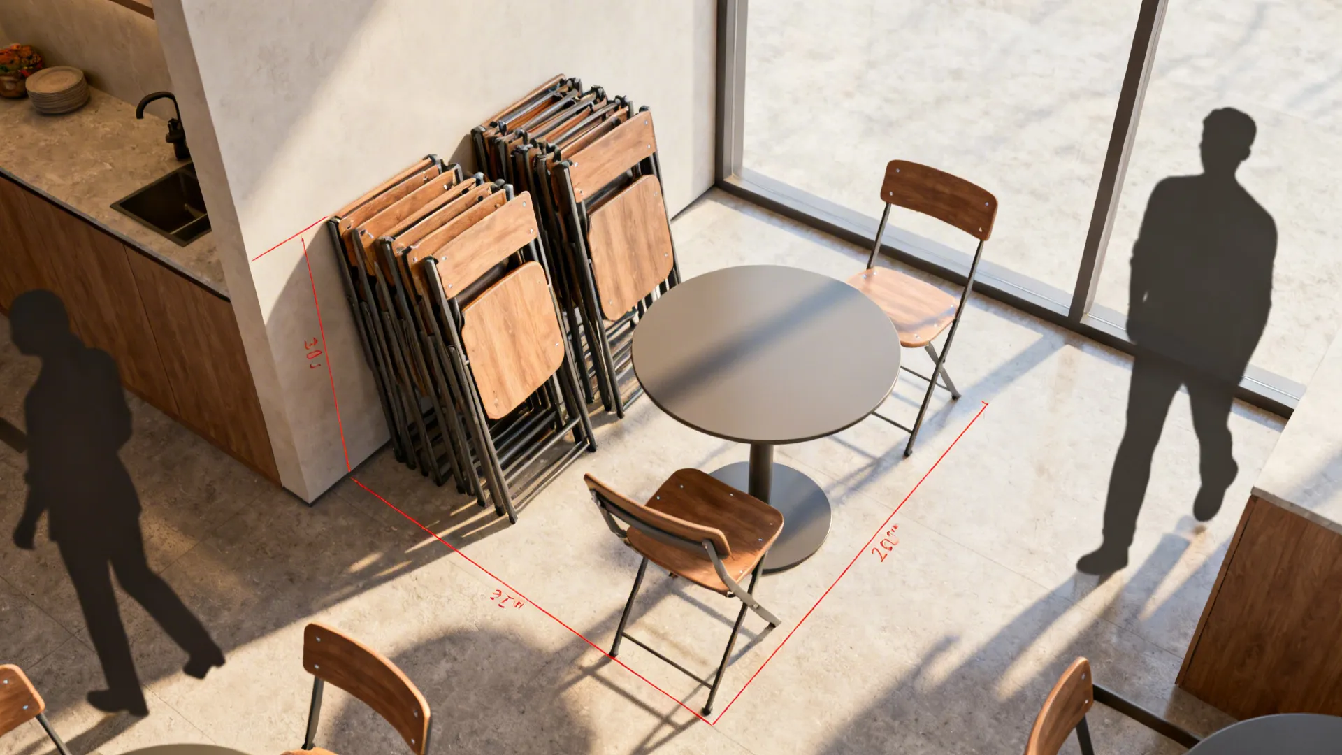 Top-down layout of folding and stackable chairs stored to free floor space