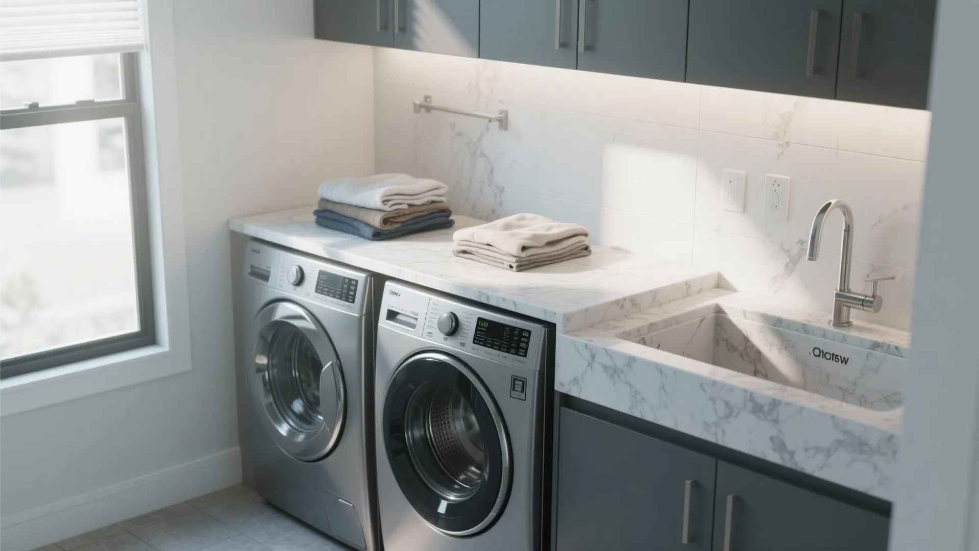 Modern laundry room with silver washing machines under marble countertop with folded towels and sink
