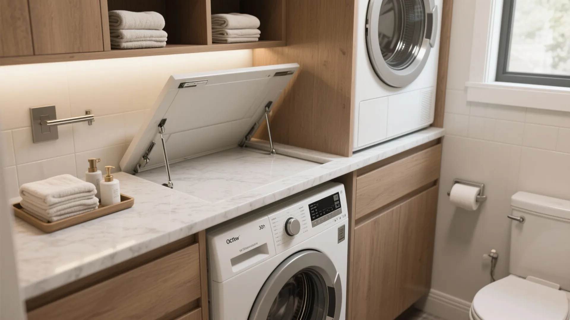 Modern laundry room with marble countertop featuring a hidden folding station above a washing machine