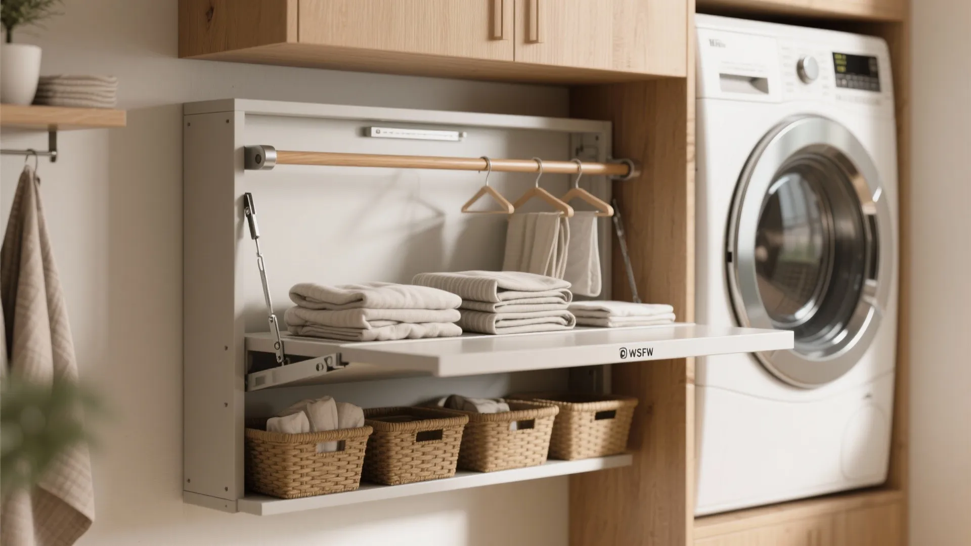 Wall mounted folding laundry station with clothes rod and folded towels next to washing machine