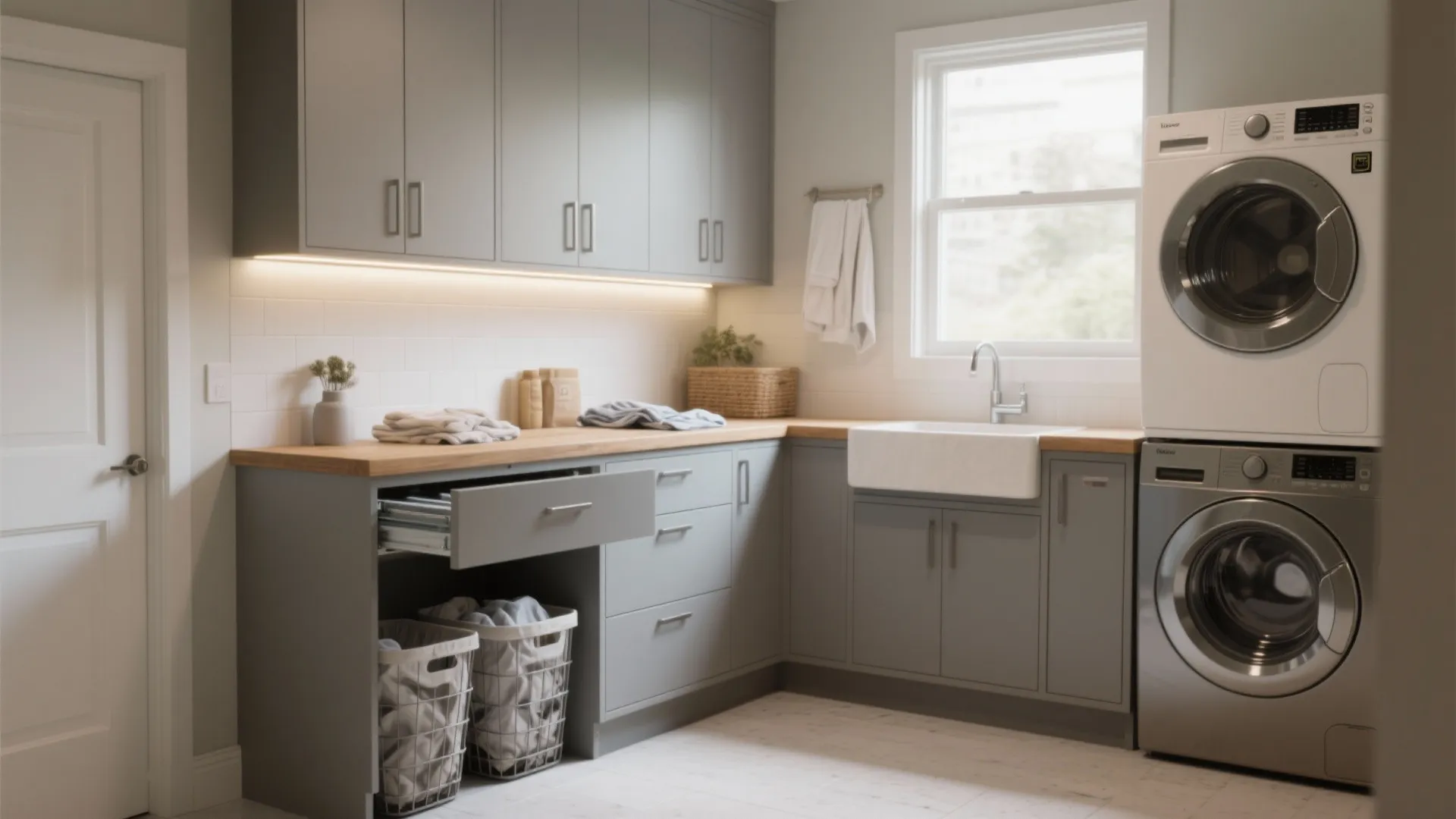 3. Base cabinets with integrated hampers and folding station