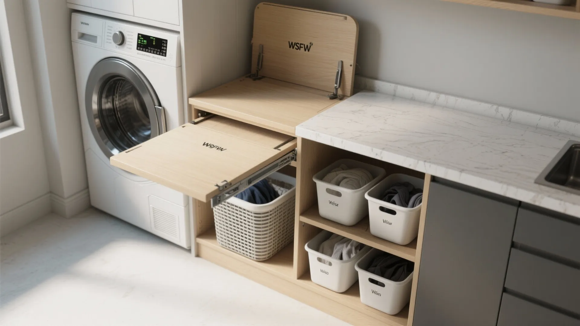 Modern laundry room featuring a pull out wooden folding table with storage baskets and cabinets